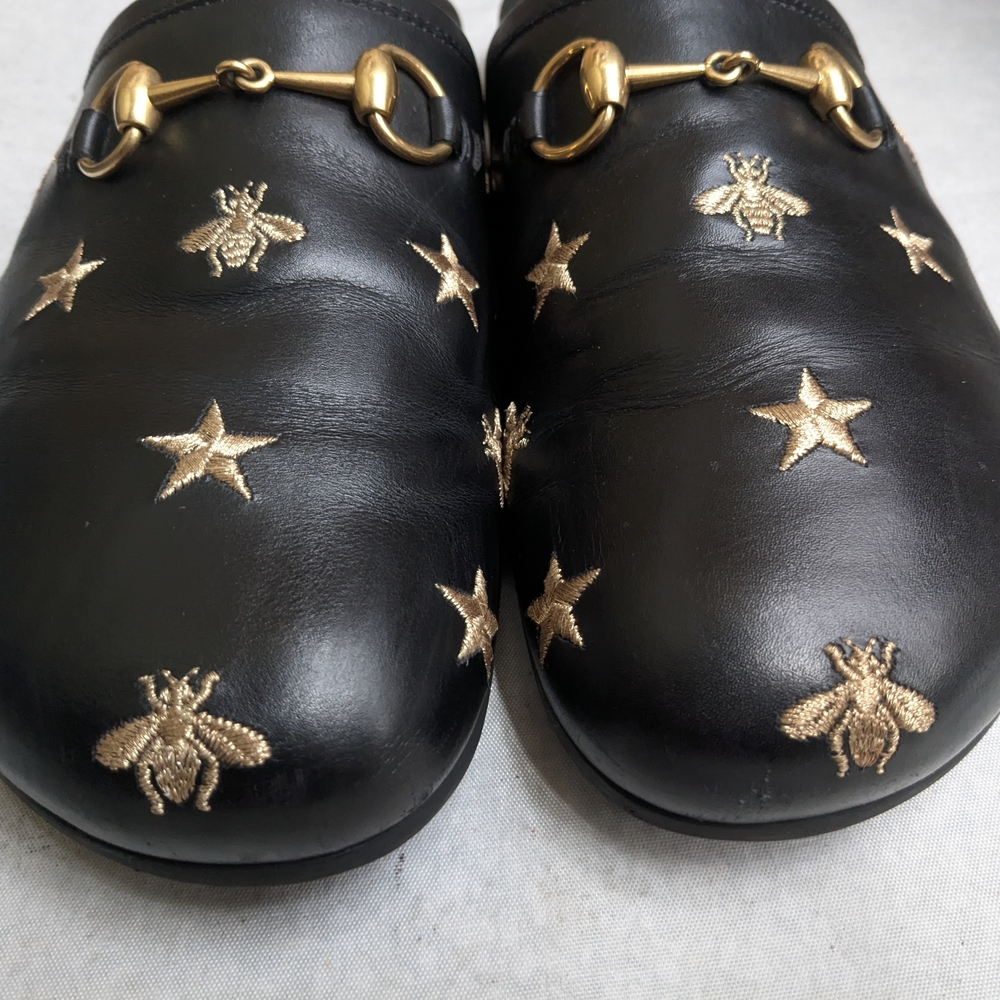 Gucci Horsebit Loafers Mules Men US 9.5 Black Gold Stars Bees Leather - Picture 2 of 16